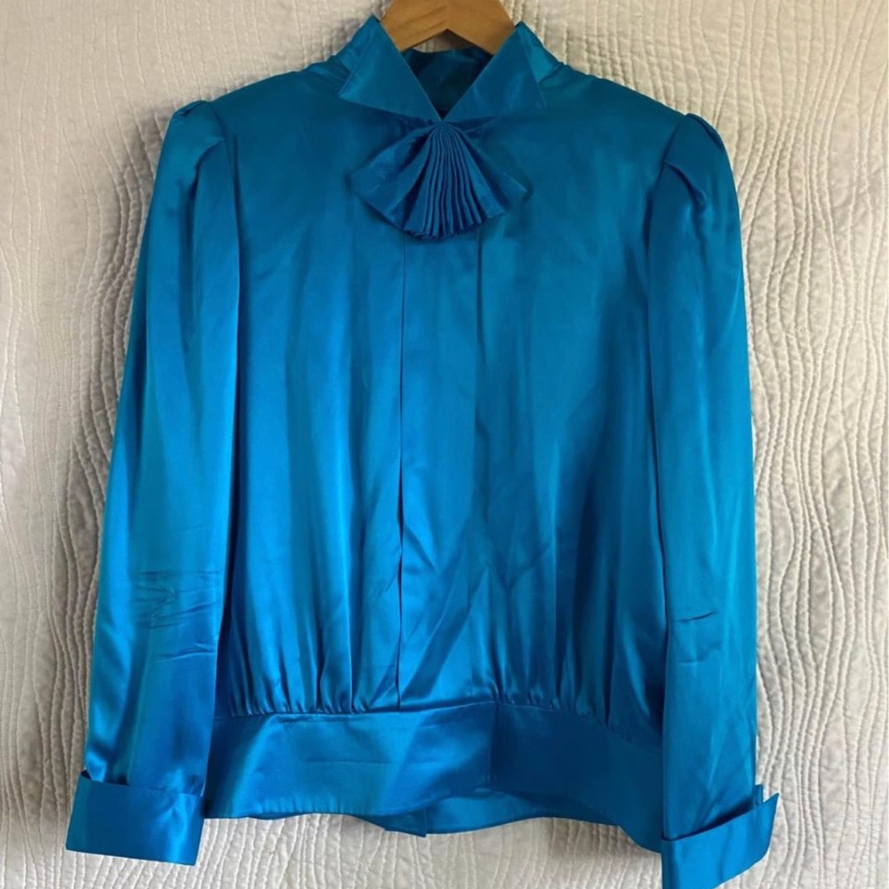 Richard Warren Vintage Peacock Turquoise Blue 100% Silk Blouse Size 14